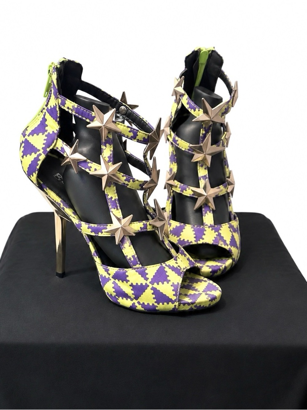 Vintage Purple/Lime Print Stiletto Heels with Gold Star Details